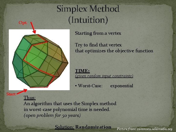 Opt. Simplex Method (Intuition) Starting from a vertex Try to find that vertex that