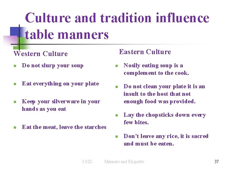 Culture and tradition influence table manners Eastern Culture Western Culture n Do not slurp