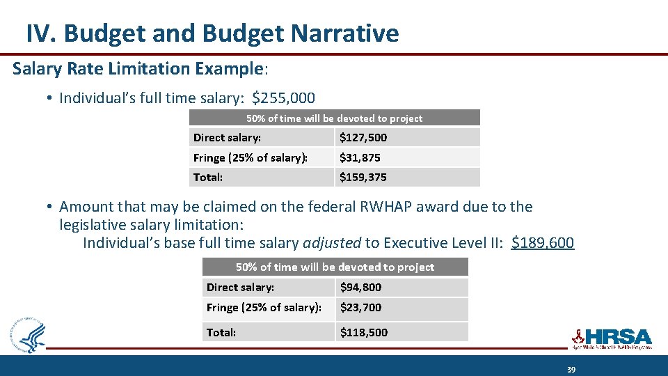 IV. Budget and Budget Narrative Salary Rate Limitation Example: • Individual’s full time salary: