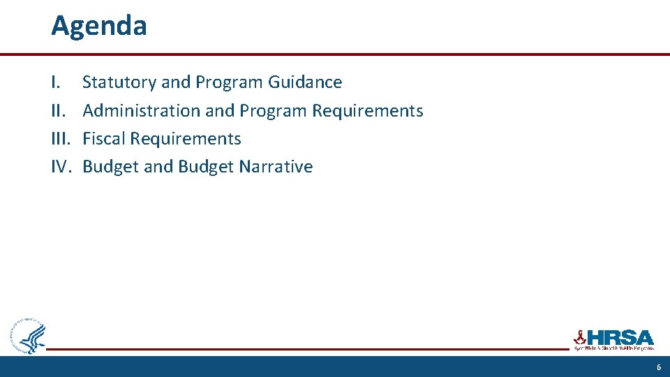 Agenda I. III. IV. Statutory and Program Guidance Administration and Program Requirements Fiscal Requirements