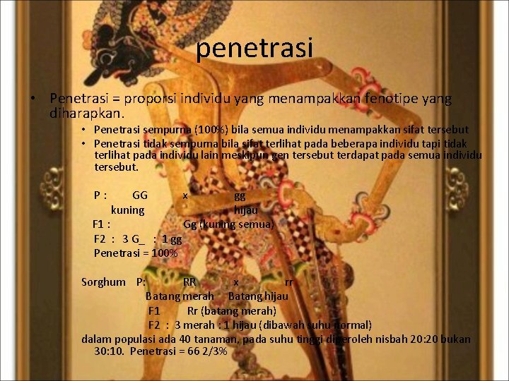 penetrasi • Penetrasi = proporsi individu yang menampakkan fenotipe yang diharapkan. • Penetrasi sempurna