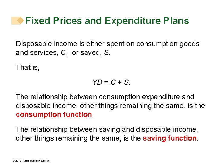 Fixed Prices and Expenditure Plans Disposable income is either spent on consumption goods and