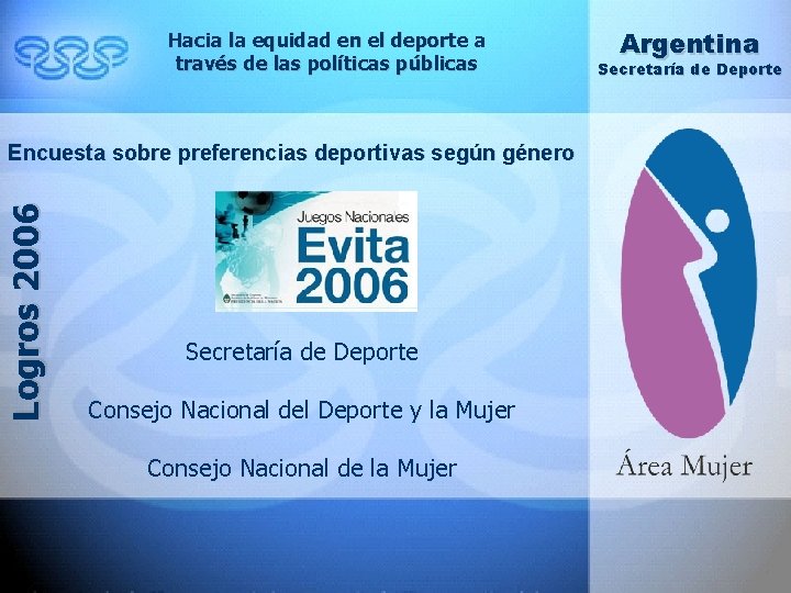 Hacia la equidad en el deporte a través de las políticas públicas Logros 2006