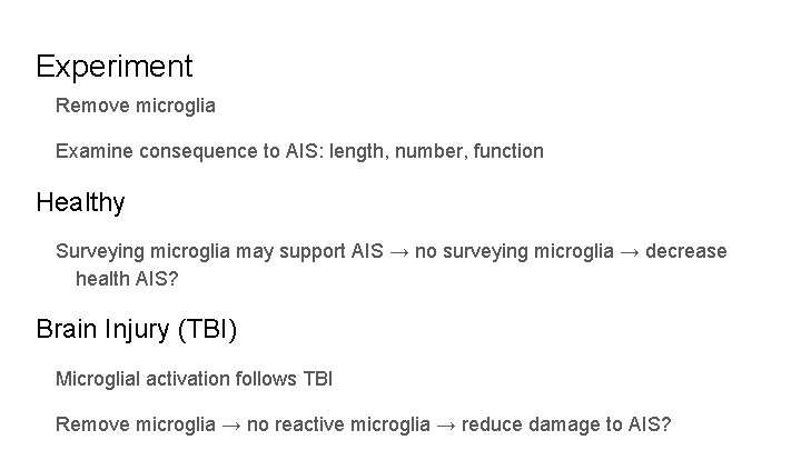 Experiment Remove microglia Examine consequence to AIS: length, number, function Healthy Surveying microglia may