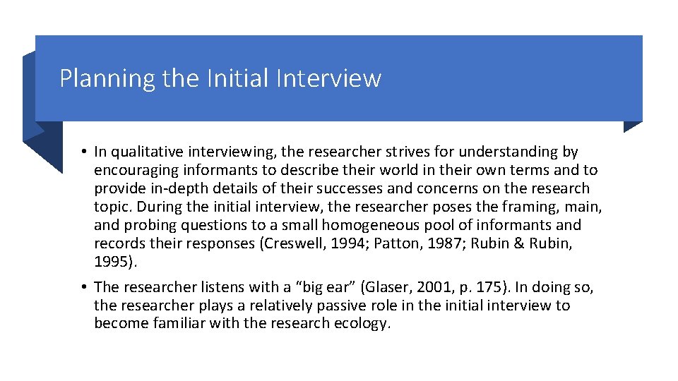 Planning the Initial Interview • In qualitative interviewing, the researcher strives for understanding by Planning the Initial Interview • In qualitative interviewing, the researcher strives for understanding by