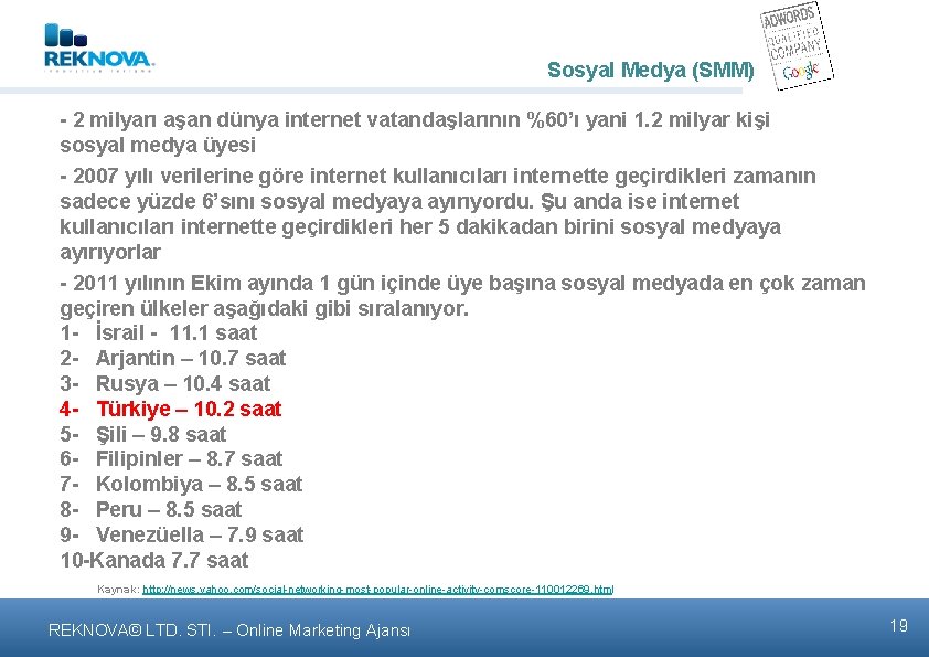 Sosyal Medya (SMM) - 2 milyarı aşan dünya internet vatandaşlarının %60’ı yani 1. 2