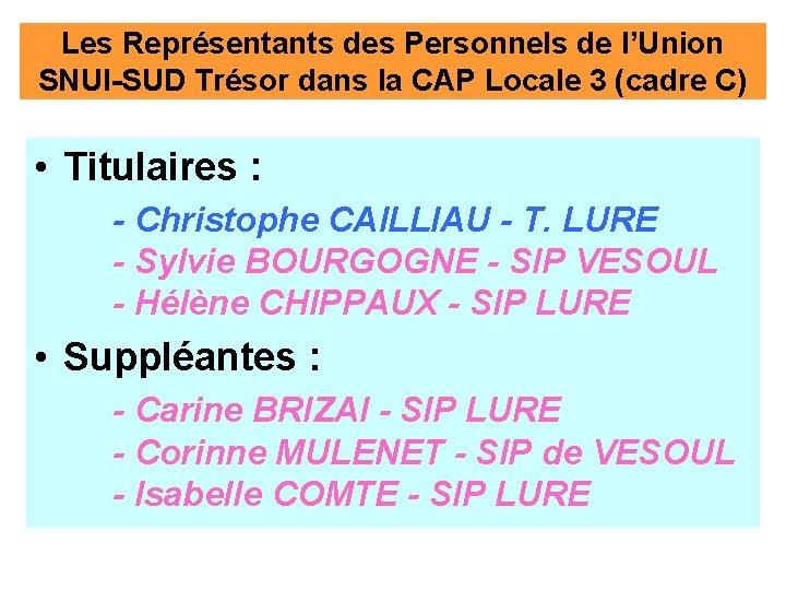 Les Représentants des Personnels de l’Union SNUI-SUD Trésor dans la CAP Locale 3 (cadre
