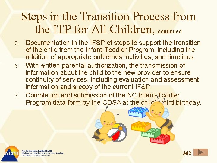 Steps in the Transition Process from the ITP for All Children, continued 5. 6.