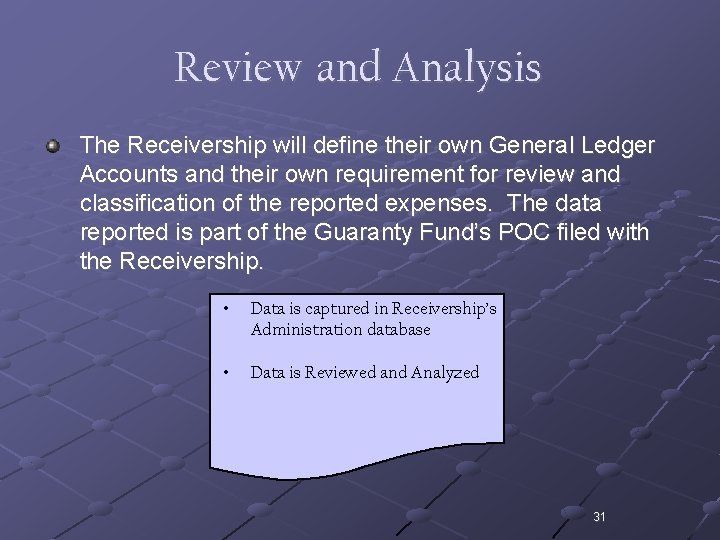 Review and Analysis The Receivership will define their own General Ledger Accounts and their