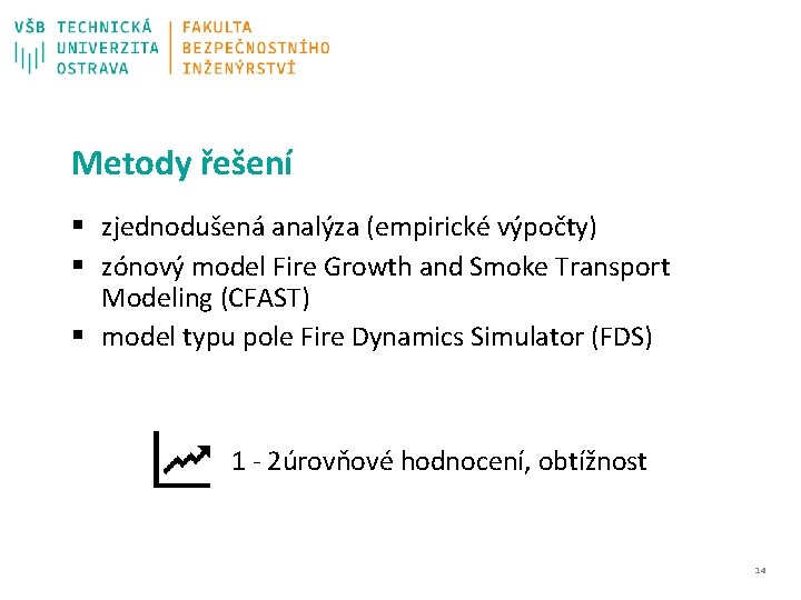 Metody řešení § zjednodušená analýza (empirické výpočty) § zónový model Fire Growth and Smoke