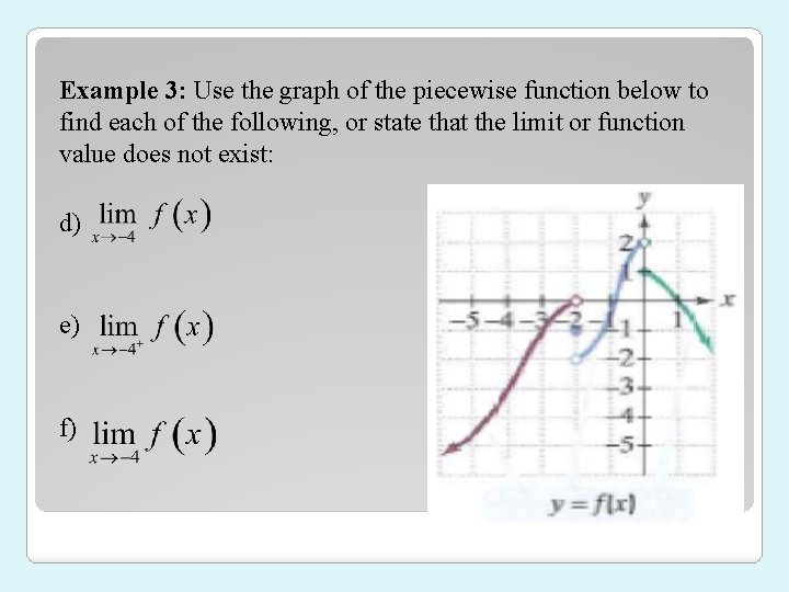 Example 3: Use the graph of the piecewise function below to find each of