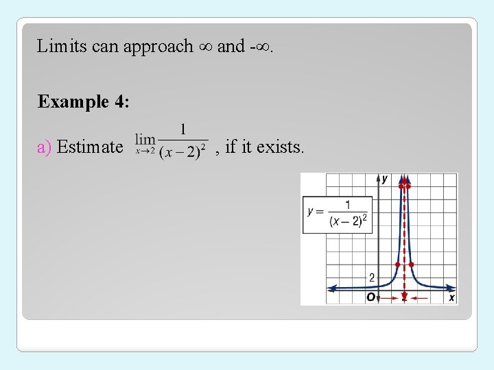 Limits can approach and -. Example 4: a) Estimate , if it exists. 