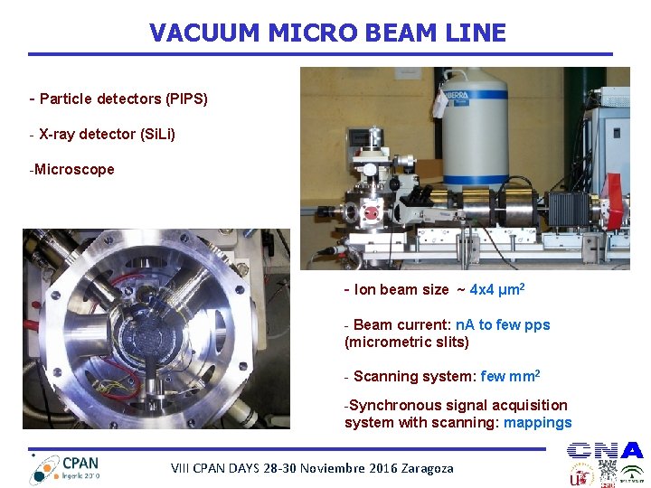 VACUUM MICRO BEAM LINE - Particle detectors (PIPS) - X-ray detector (Si. Li) -Microscope