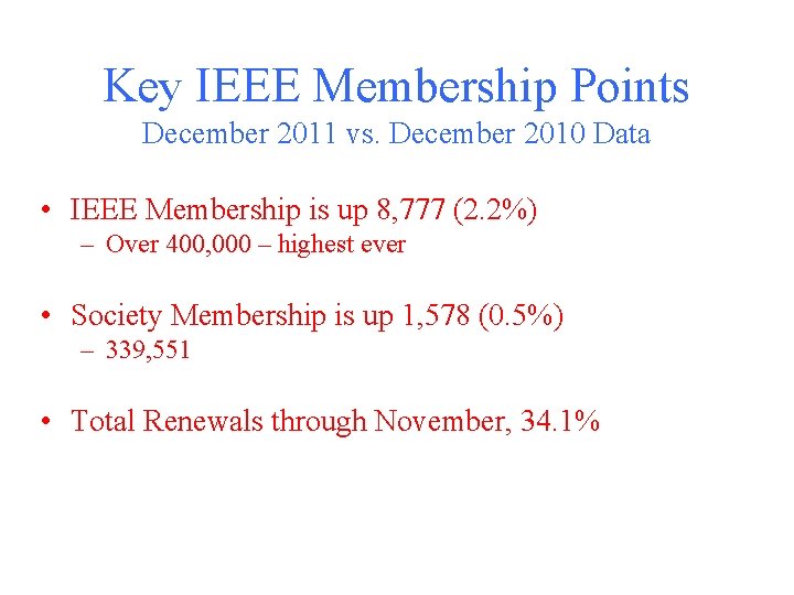 Key IEEE Membership Points December 2011 vs. December 2010 Data • IEEE Membership is