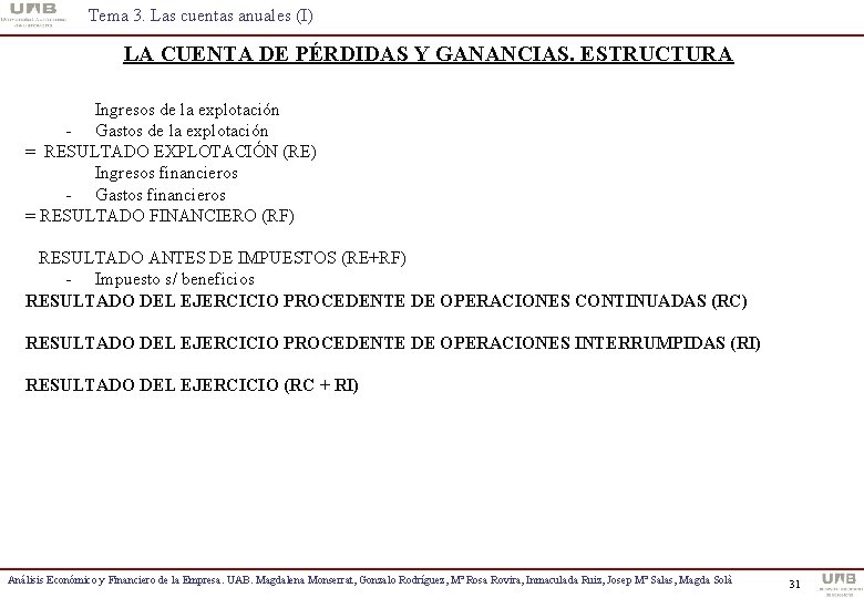 Tema 3. Las cuentas anuales (I) LA CUENTA DE PÉRDIDAS Y GANANCIAS. ESTRUCTURA Ingresos