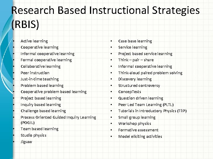 Research Based Instructional Strategies (RBIS) • • • • Active learning Cooperative learning Informal