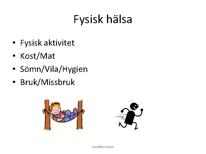 Fysisk hälsa • • Fysisk aktivitet Kost/Mat Sömn/Vila/Hygien Bruk/Missbruk Sandåkerskolan 