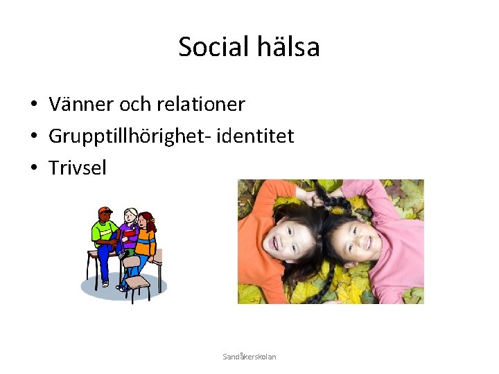 Social hälsa • Vänner och relationer • Grupptillhörighet- identitet • Trivsel Sandåkerskolan 