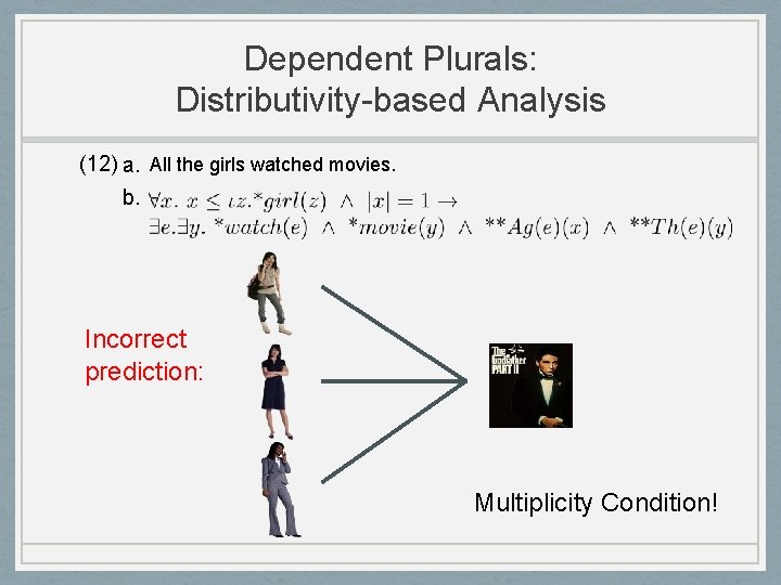 Dependent Plurals: Distributivity-based Analysis (12) a. All the girls watched movies. b. Incorrect prediction: