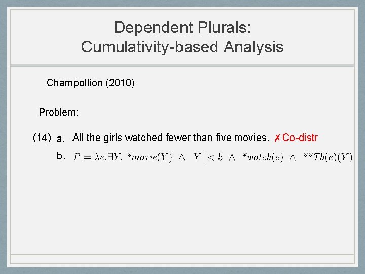 Dependent Plurals: Cumulativity-based Analysis Champollion (2010) Problem: (14) a. All the girls watched fewer