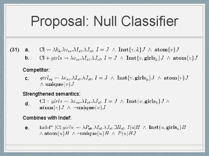 Proposal: Null Classifier (31) a. b. Competitor: c. Strengthened semantics: d. Combines with Indef: