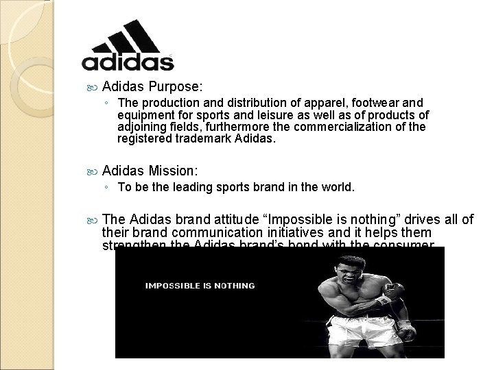  Adidas Purpose: ◦ The production and distribution of apparel, footwear and equipment for