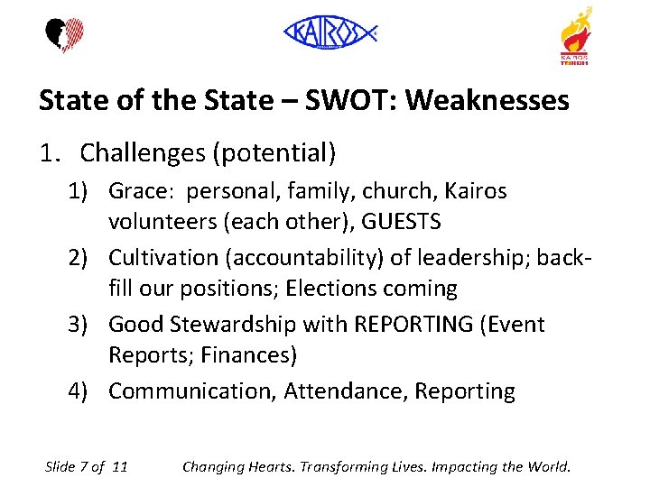 State of the State – SWOT: Weaknesses 1. Challenges (potential) 1) Grace: personal, family,
