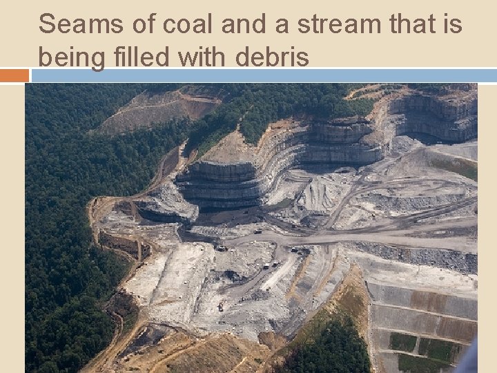 Seams of coal and a stream that is being filled with debris 