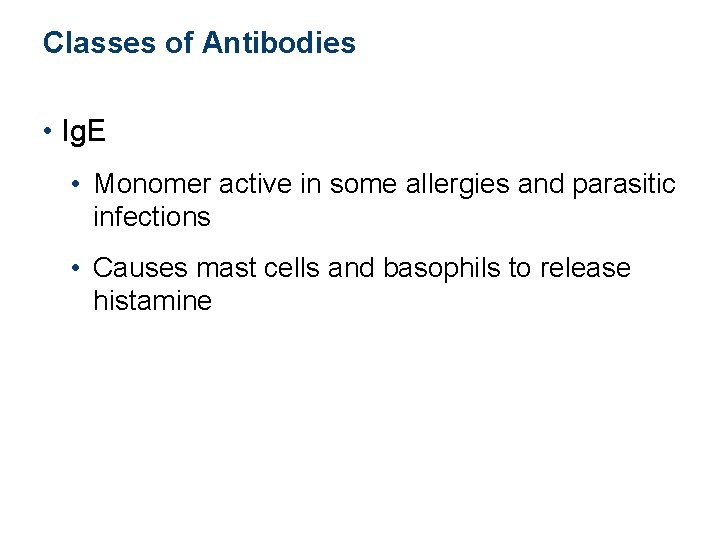 Classes of Antibodies • Ig. E • Monomer active in some allergies and parasitic Classes of Antibodies • Ig. E • Monomer active in some allergies and parasitic