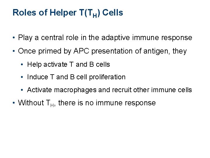 Roles of Helper T(TH) Cells • Play a central role in the adaptive immune Roles of Helper T(TH) Cells • Play a central role in the adaptive immune
