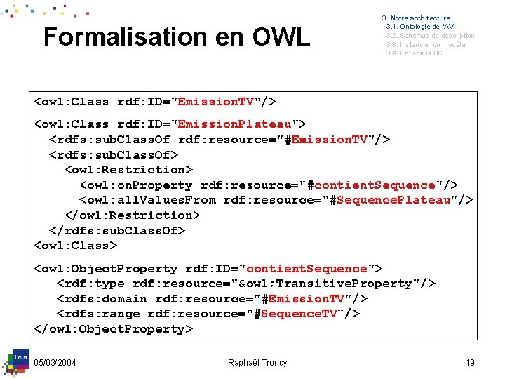 Formalisation en OWL 3. Notre architecture 3. 1. Ontologie de l'AV 3. 2. Schémas