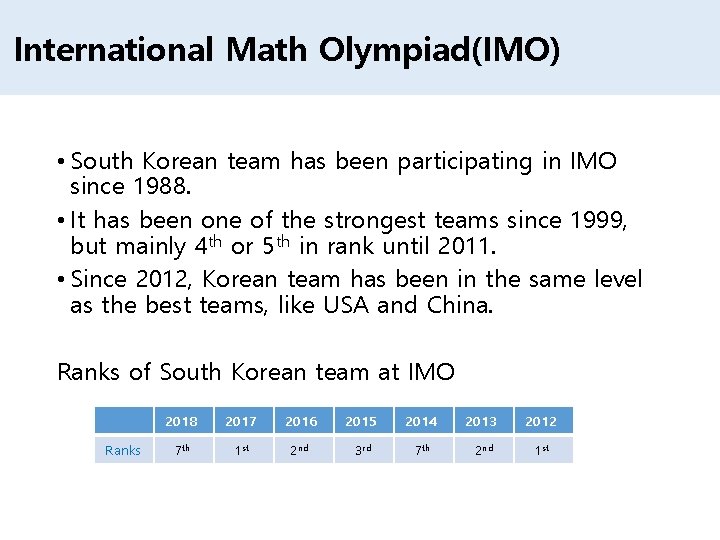 International Math Olympiad(IMO) • South Korean team has been participating in IMO since 1988.