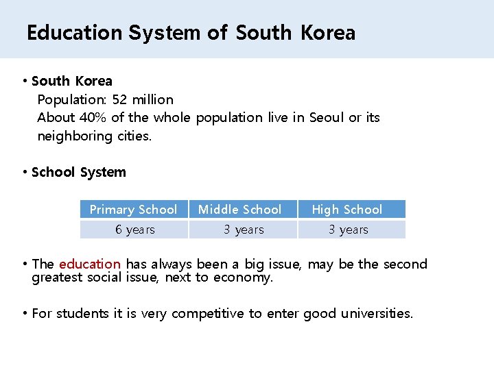 Education System of South Korea • South Korea Population: 52 million About 40% of