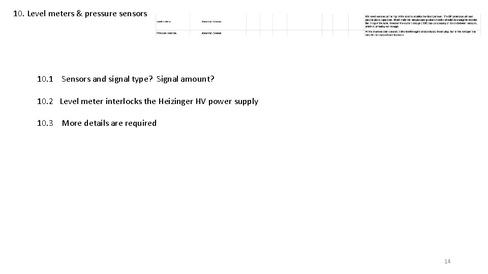 10. Level meters & pressure sensors 10. 1 Sensors and signal type? Signal amount?