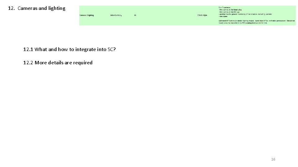 12. Cameras and lighting 12. 1 What and how to integrate into SC? 12.