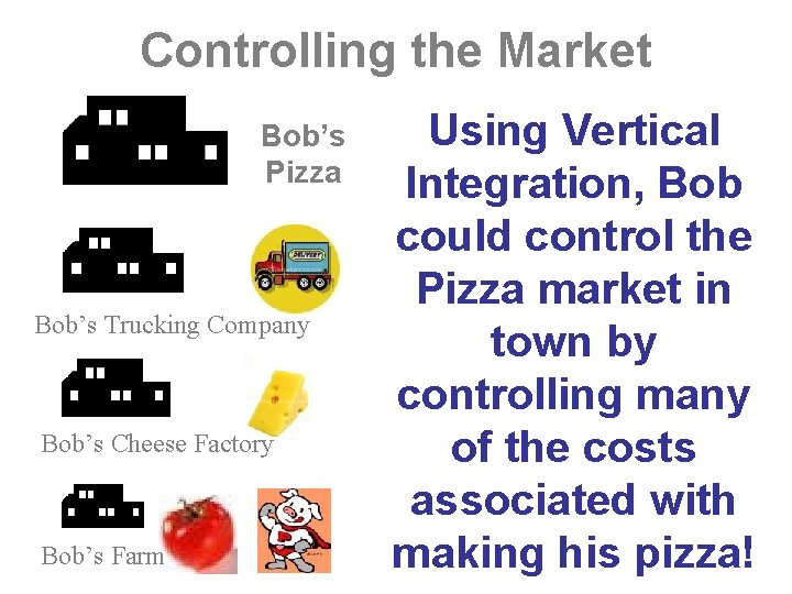 Controlling the Market Bob’s Pizza Bob’s Trucking Company Bob’s Cheese Factory Bob’s Farm Using
