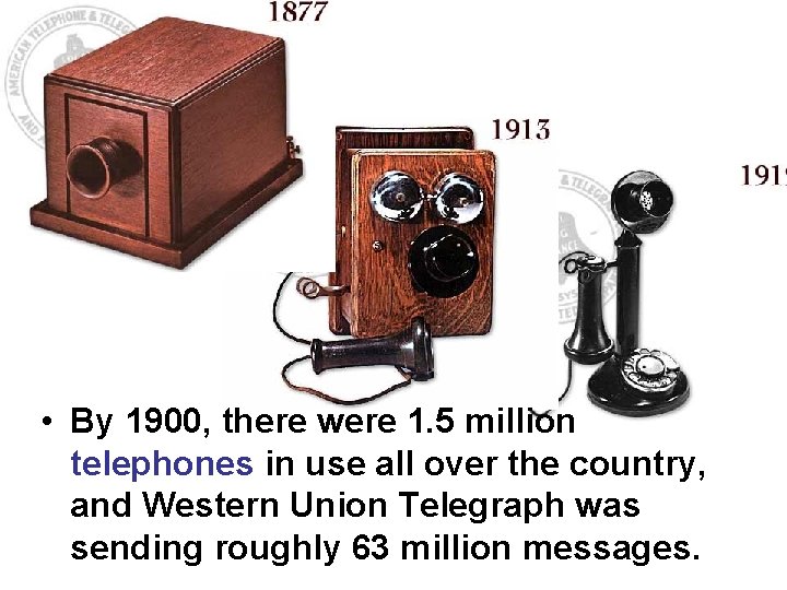  • By 1900, there were 1. 5 million telephones in use all over