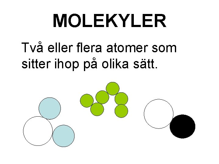 MOLEKYLER Två eller flera atomer som sitter ihop på olika sätt. MOLEKYLER Två eller flera atomer som sitter ihop på olika sätt.