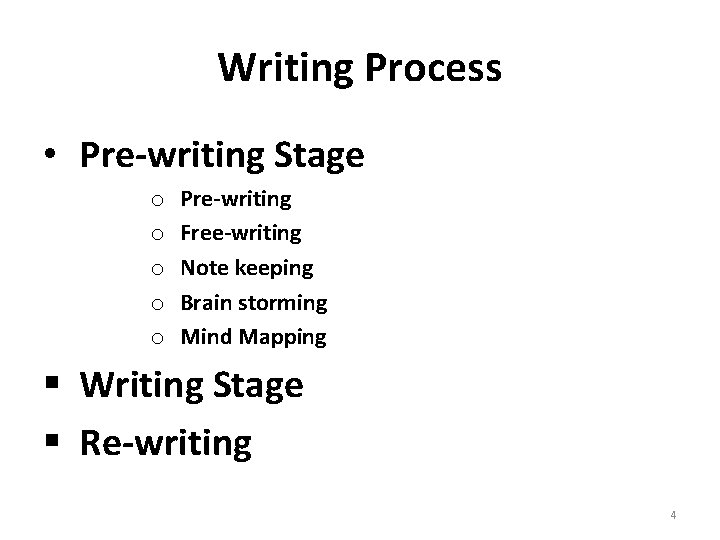 Writing Process • Pre-writing Stage o o o Pre-writing Free-writing Note keeping Brain storming