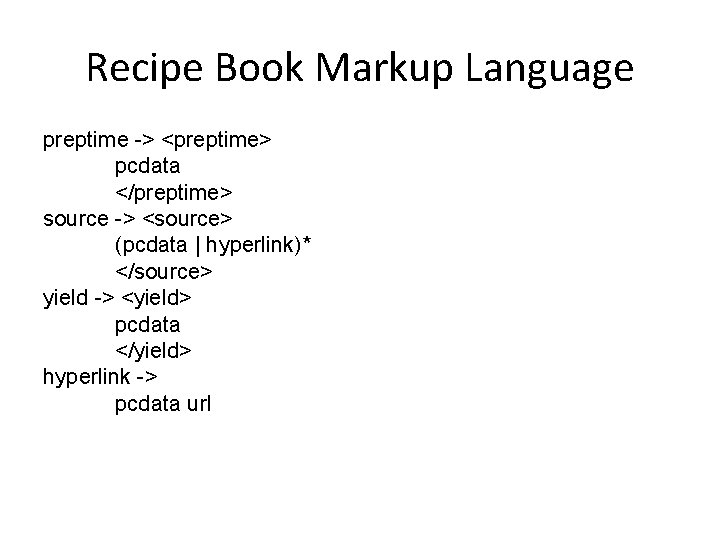 Recipe Book Markup Language preptime -> <preptime> pcdata </preptime> source -> <source> (pcdata |
