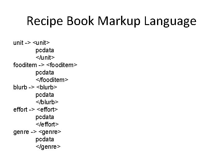 Recipe Book Markup Language unit -> <unit> pcdata </unit> fooditem -> <fooditem> pcdata </fooditem>