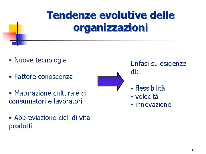 Tendenze evolutive delle organizzazioni • Nuove tecnologie • Fattore conoscenza • Maturazione culturale di