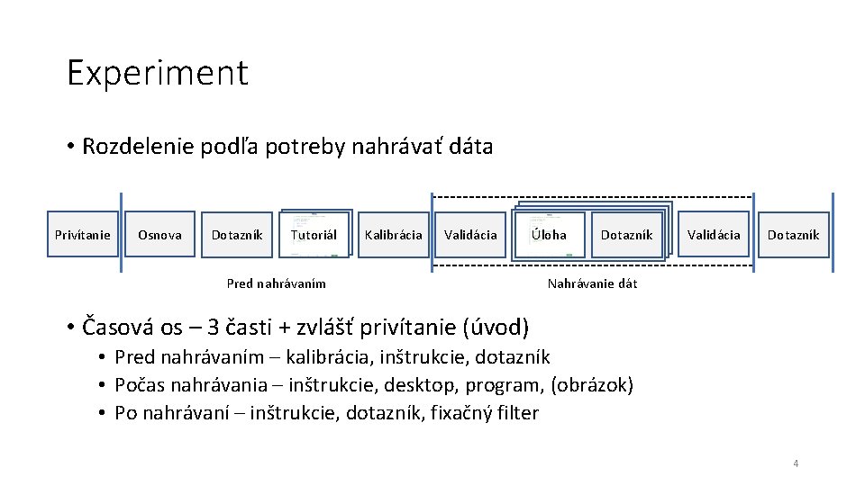 Experiment • Rozdelenie podľa potreby nahrávať dáta Privítanie Osnova Dotazník Tutoriál Kalibrácia Validácia Pred