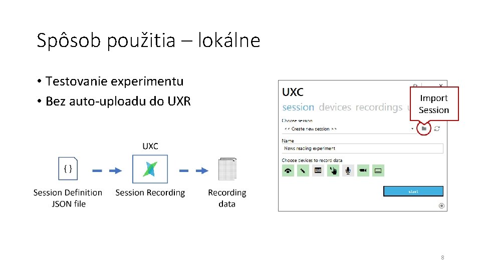 Spôsob použitia – lokálne • Testovanie experimentu • Bez auto-uploadu do UXR 8 