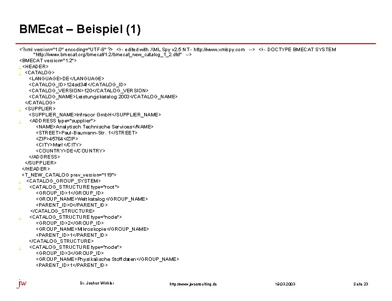 BMEcat – Beispiel (1) <? xml version="1. 0" encoding="UTF-8" ? > <!-- edited with