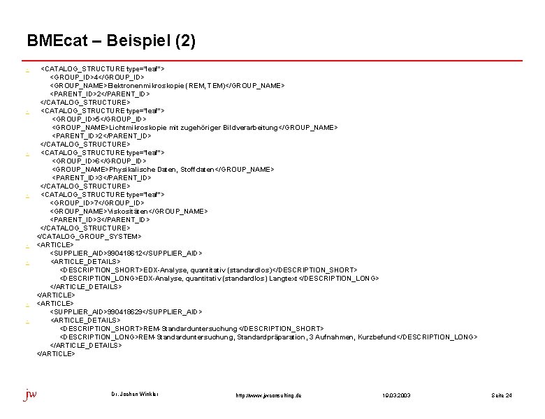 BMEcat – Beispiel (2) - - - <CATALOG_STRUCTURE type="leaf"> <GROUP_ID>4</GROUP_ID> <GROUP_NAME>Elektronenmikroskopie (REM, TEM)</GROUP_NAME> <PARENT_ID>2</PARENT_ID>