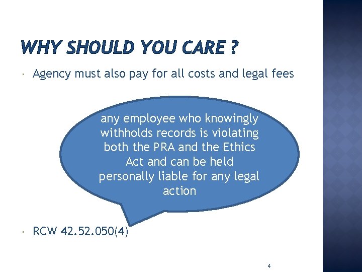 WHY SHOULD YOU CARE ? Agency must also pay for all costs and legal