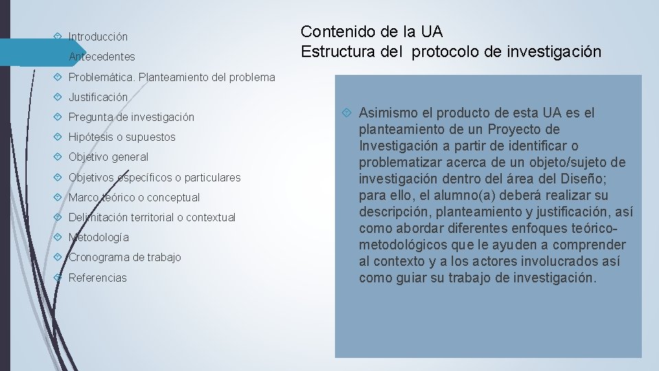  Introducción Antecedentes Contenido de la UA Estructura del protocolo de investigación Problemática. Planteamiento