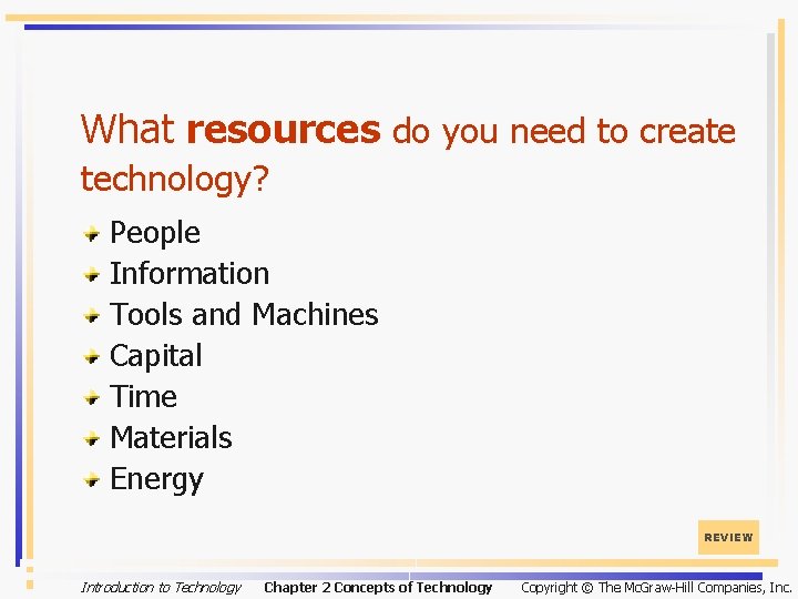 What resources do you need to create technology? People Information Tools and Machines Capital