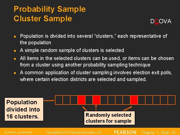 Probability Sample Cluster Sample n n DCOVA Population is divided into several “clusters, ”